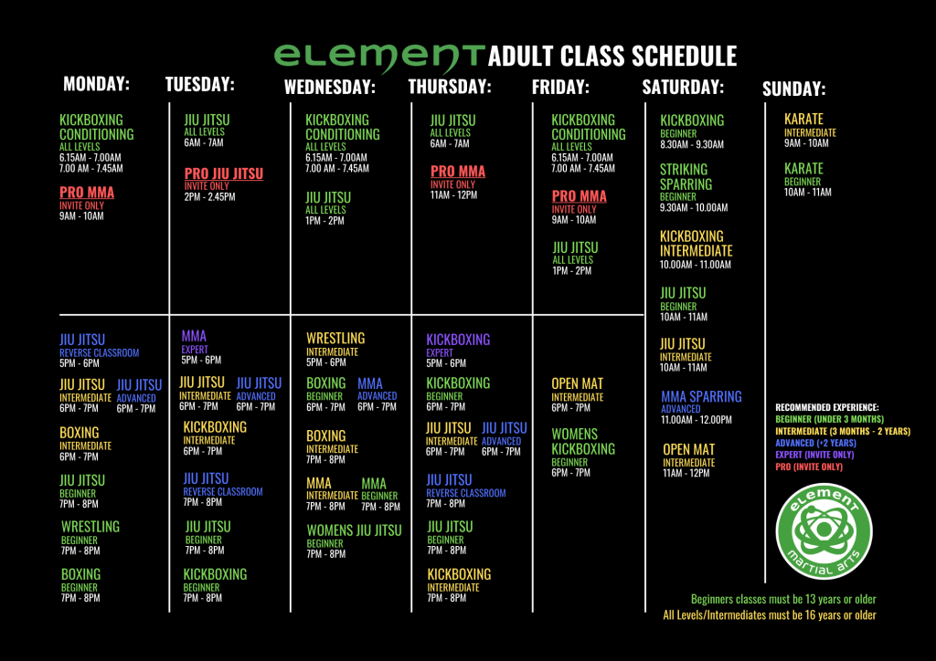 Classes available at Element Martial Arts